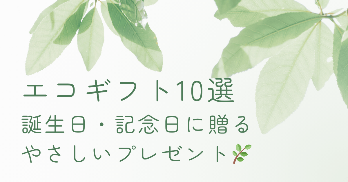 エコギフト10選のイメージ、葉の背景とナチュラルな雰囲気のプレゼント紹介ビジュアル